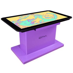 A children's touchscreen table on a violet metal base.